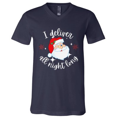 Funny Naughty Sexy Santa I Deliver All Night Long Adult V-Neck T-Shirt