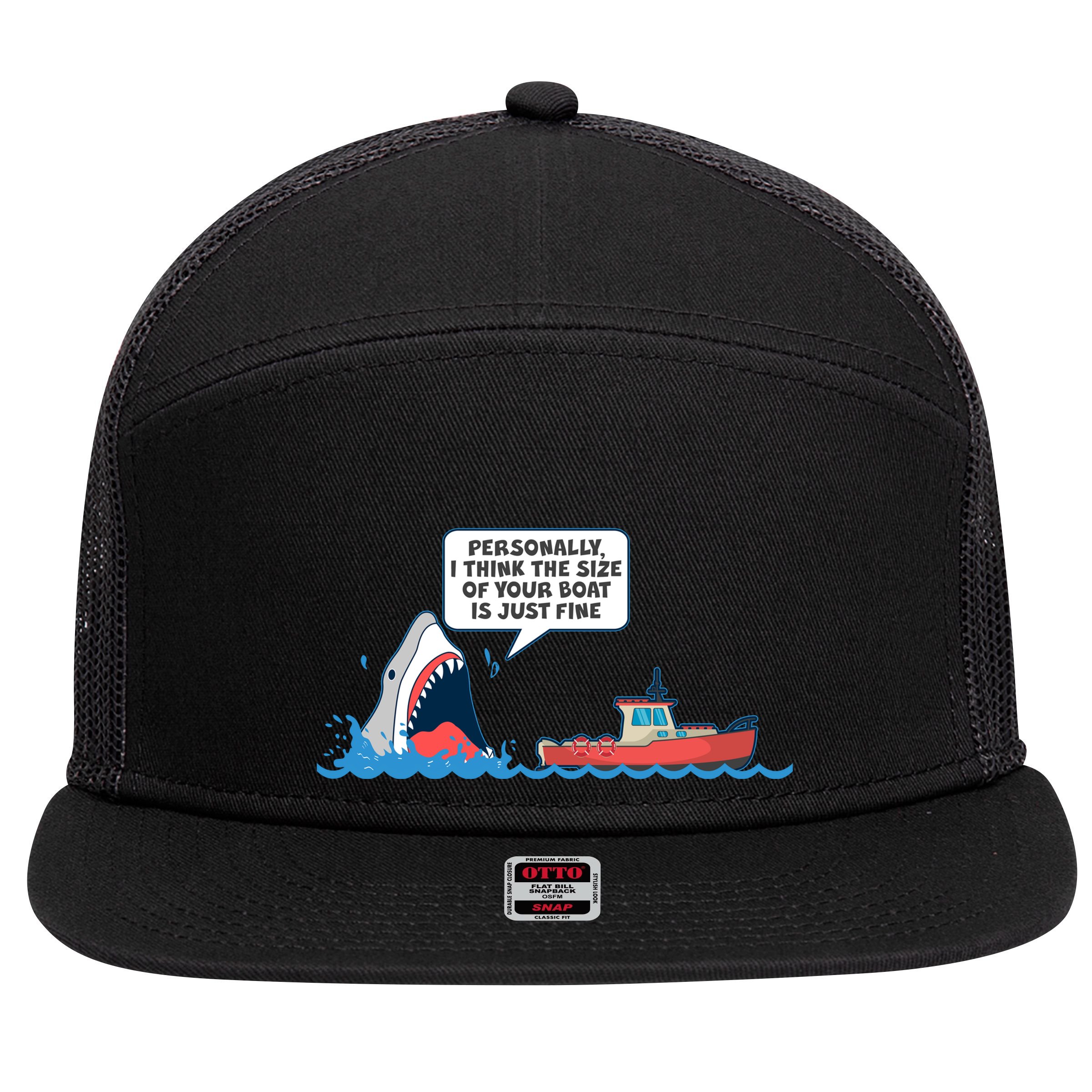Funny Nice Shark And Fishing Boat Comic 7 Panel Mesh Trucker Snapback Hat