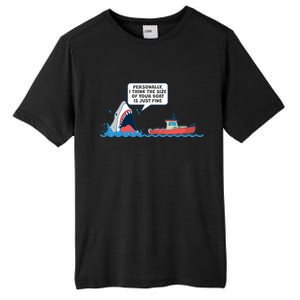 Funny Nice Shark And Fishing Boat Comic Tall Fusion ChromaSoft Performance T-Shirt