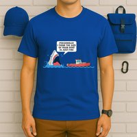 Funny Nice Shark And Fishing Boat Comic T-Shirt
