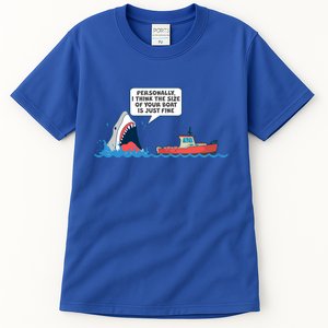 Funny Nice Shark And Fishing Boat Comic Tall T-Shirt