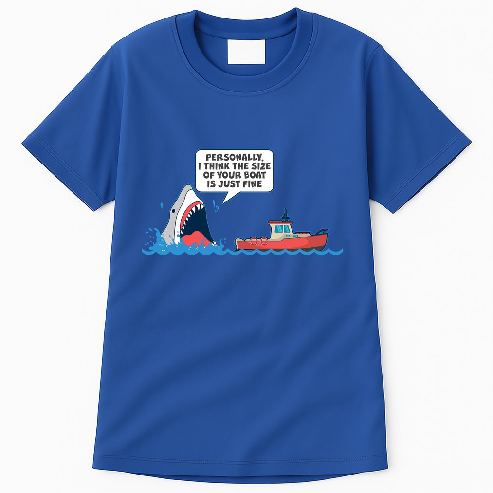 Funny Nice Shark And Fishing Boat Comic Tall T-Shirt