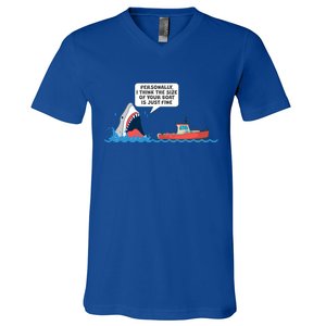 Funny Nice Shark And Fishing Boat Comic V-Neck T-Shirt