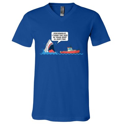 Funny Nice Shark And Fishing Boat Comic V-Neck T-Shirt