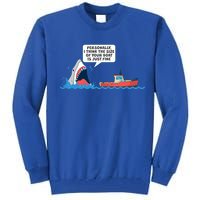 Funny Nice Shark And Fishing Boat Comic Tall Sweatshirt