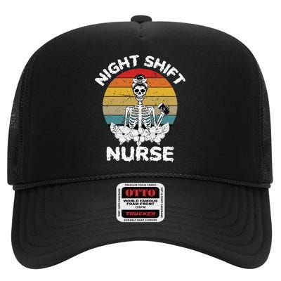 Funny Night Shift Nurse Skeleton Halloween RN Nurses Women High Crown Mesh Back Trucker Hat