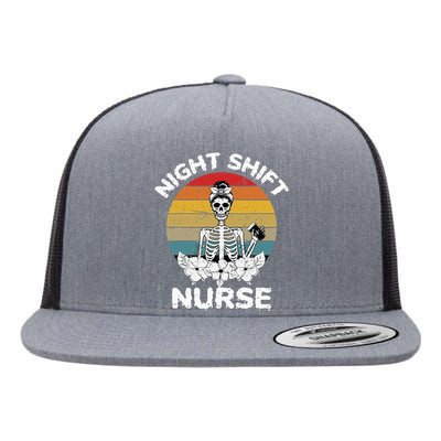 Funny Night Shift Nurse Skeleton Halloween RN Nurses Women Flat Bill Trucker Hat