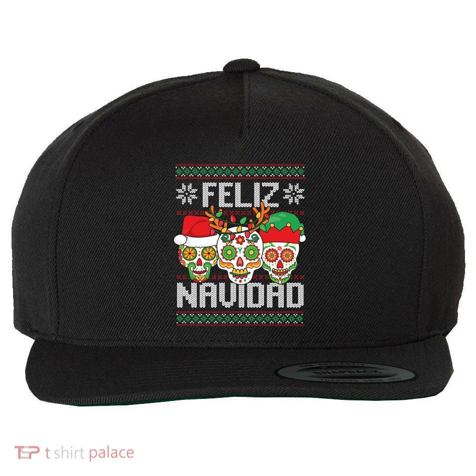 Feliz Navidad Sugar Skulls Christmas Reindeer Santa Mexican Gift Wool Snapback Cap