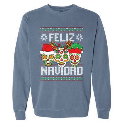 Feliz Navidad Sugar Skulls Christmas Reindeer Santa Mexican Gift Garment-Dyed Sweatshirt