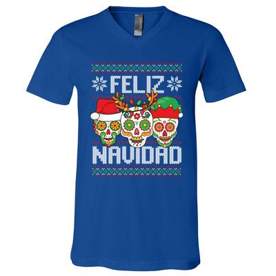 Feliz Navidad Sugar Skulls Christmas Reindeer Santa Mexican Gift V-Neck T-Shirt