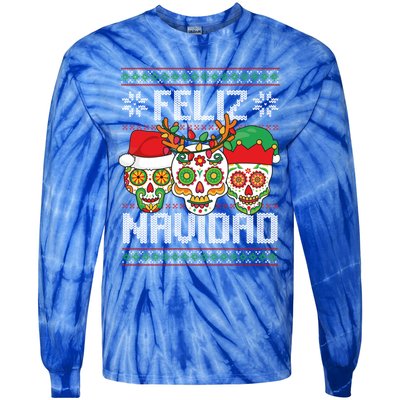 Feliz Navidad Sugar Skulls Christmas Reindeer Santa Mexican Gift Tie-Dye Long Sleeve Shirt