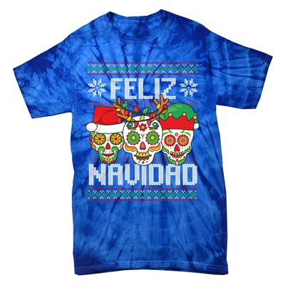 Feliz Navidad Sugar Skulls Christmas Reindeer Santa Mexican Gift Tie-Dye T-Shirt