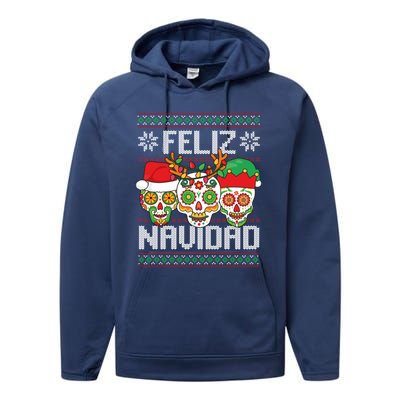 Feliz Navidad Sugar Skulls Christmas Reindeer Santa Mexican Gift Performance Fleece Hoodie