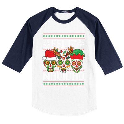 Feliz Navidad Sugar Skulls Christmas Reindeer Santa Mexican Gift Baseball Sleeve Shirt