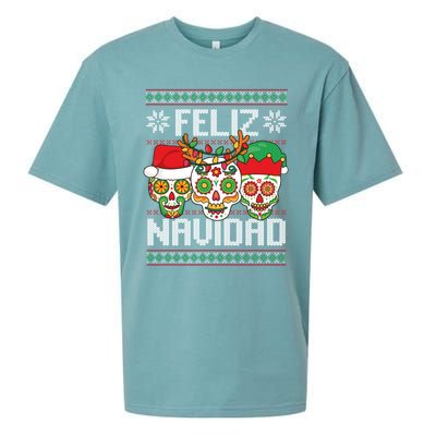 Feliz Navidad Sugar Skulls Christmas Reindeer Santa Mexican Gift Sueded Cloud Jersey T-Shirt