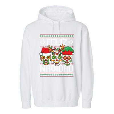 Feliz Navidad Sugar Skulls Christmas Reindeer Santa Mexican Gift Garment-Dyed Fleece Hoodie