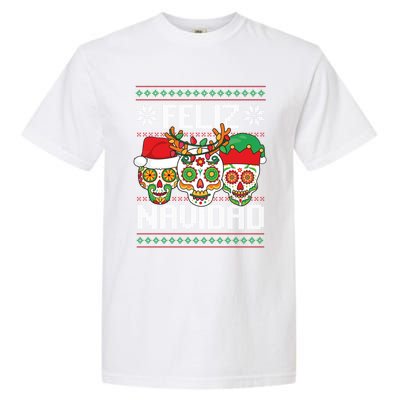 Feliz Navidad Sugar Skulls Christmas Reindeer Santa Mexican Gift Garment-Dyed Heavyweight T-Shirt