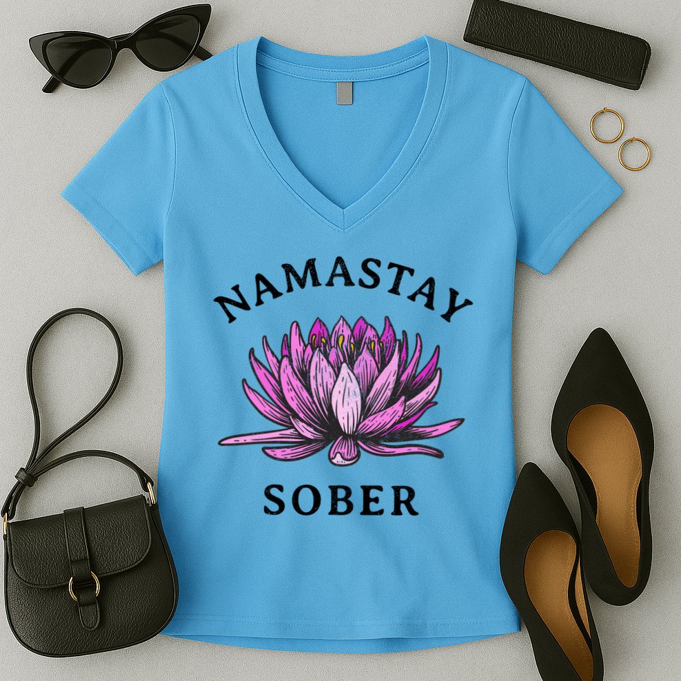 Funny Namastay Sober Na Aa 12 Step Recovery Funny Gift Women's V-Neck T-Shirt