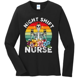 Funny Night Shift Nurse Skeleton Night Shift Nurse Ladies Long Sleeve Shirt