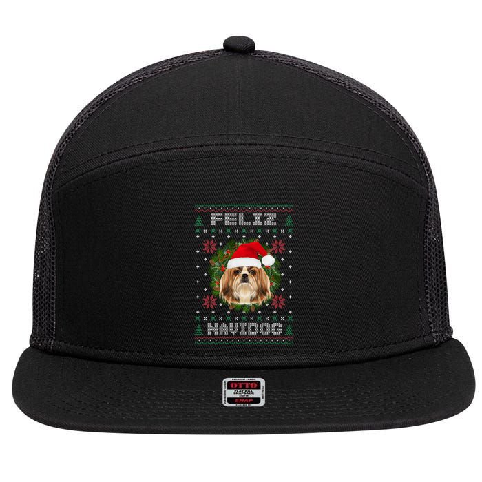Feliz Navidog Shih Tzu Dog Funny Ugly Christmas Xmas Great Gift 7 Panel Mesh Trucker Snapback Hat