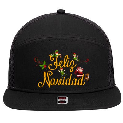 Feliz Navidad Spanish Christmas Elves Santa 7 Panel Mesh Trucker Snapback Hat