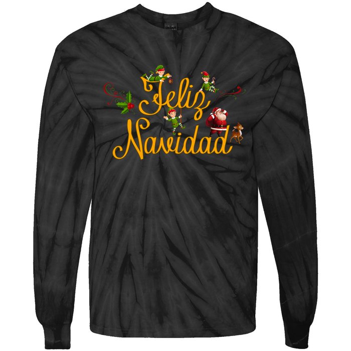 Feliz Navidad Spanish Christmas Elves Santa Tie-Dye Long Sleeve Shirt