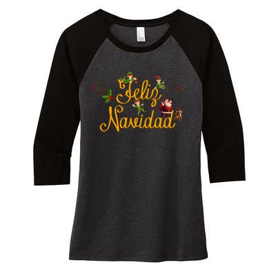 Feliz Navidad Spanish Christmas Elves Santa Women's Tri-Blend 3/4-Sleeve Raglan Shirt