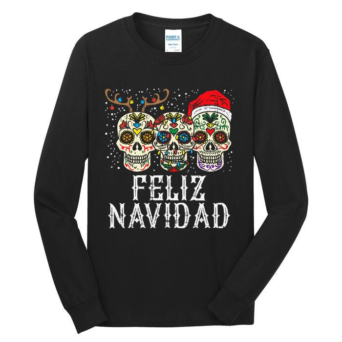 Feliz Navidad Sugar Skulls Reindeer Santa Mexican Christmas Tall Long Sleeve T-Shirt