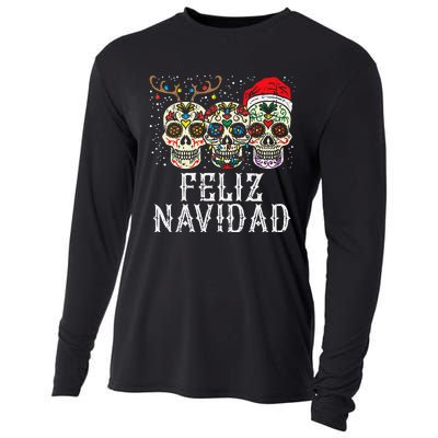 Feliz Navidad Sugar Skulls Reindeer Santa Mexican Christmas Cooling Performance Long Sleeve Crew