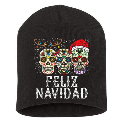 Feliz Navidad Sugar Skulls Reindeer Santa Mexican Christmas Short Acrylic Beanie