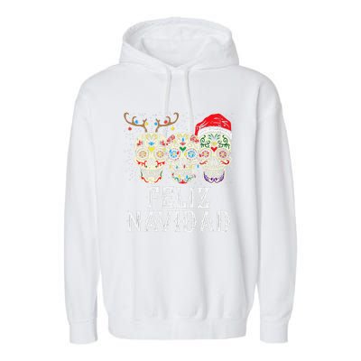 Feliz Navidad Sugar Skulls Reindeer Santa Mexican Christmas Garment-Dyed Fleece Hoodie