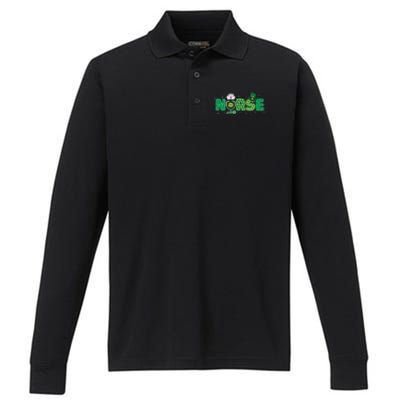 Funny Nurse St Patricks Day Nurse Shamrock Nurse Typography Performance Long Sleeve Polo