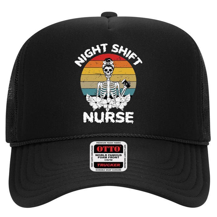 Funny Night Shift Nurse Skeleton Halloween RN Nurses Women High Crown Mesh Back Trucker Hat