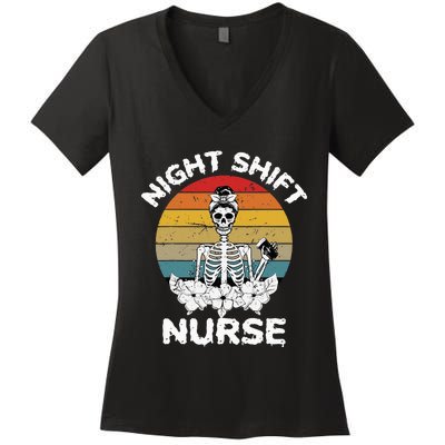 Funny Night Shift Nurse Skeleton Halloween RN Nurses Women Women's V-Neck T-Shirt