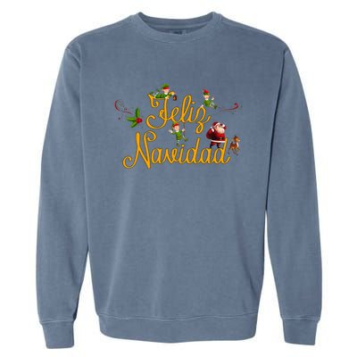 Feliz Navidad Spanish Christmas Elves Santa Garment-Dyed Sweatshirt