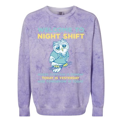 Funny Night Shift Quote Owl Graveyard Shift Cute Gift Colorblast Crewneck Sweatshirt