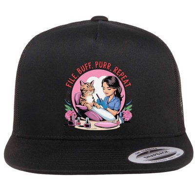Funny Nail Tech Cat Lover File Buff Purr Repeat Flat Bill Trucker Hat