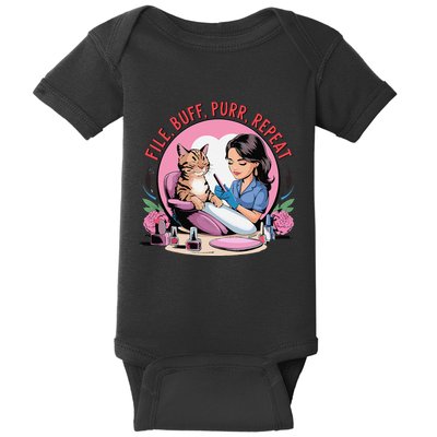 Funny Nail Tech Cat Lover File Buff Purr Repeat Baby Bodysuit