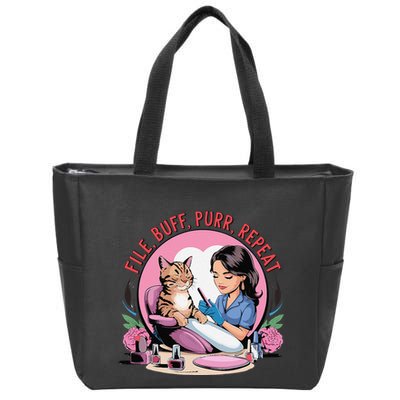 Funny Nail Tech Cat Lover File Buff Purr Repeat Zip Tote Bag
