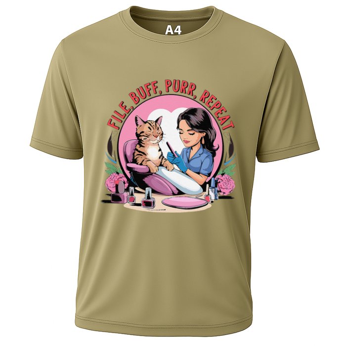 Funny Nail Tech Cat Lover File Buff Purr Repeat Cooling Performance Crew T-Shirt