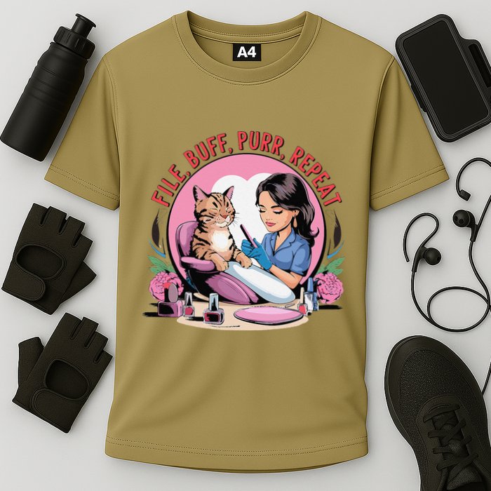 Funny Nail Tech Cat Lover File Buff Purr Repeat Cooling Performance Crew T-Shirt