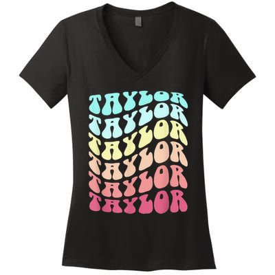 First Name T.AYLOR Groovy Personalized Birthday Gifts Women's V-Neck T-Shirt