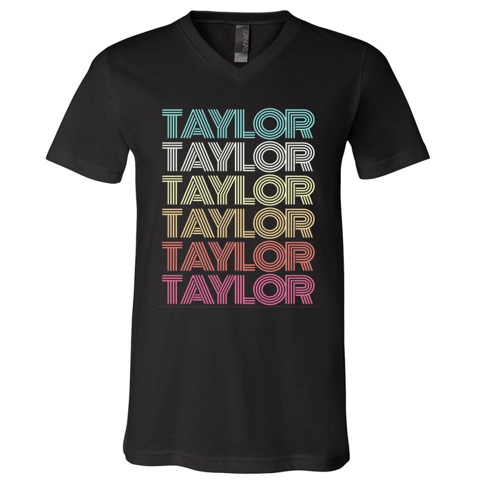 First Name Taylor Girl Boy Retro Personalized Groovy 80S V-Neck T-Shirt