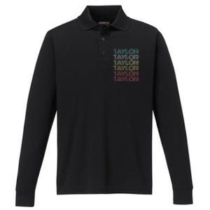 First Name Taylor Girl Boy Retro Personalized Groovy 80S Performance Long Sleeve Polo