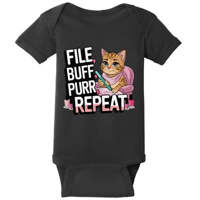 Funny Nail Tech Cat Lover File Buff Purr Repeat Baby Bodysuit