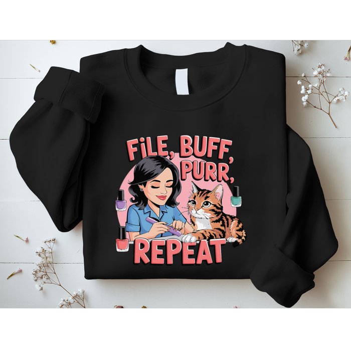 Funny Nail Tech Cat Lover File Buff Purr Repeat Sweatshirt