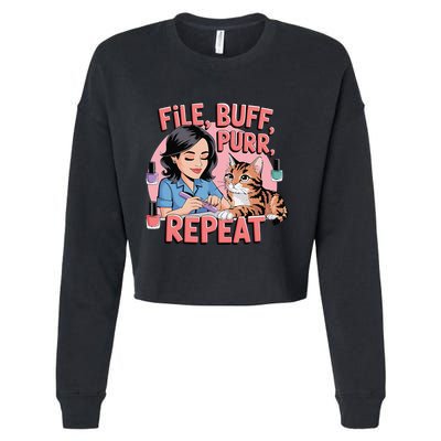 Funny Nail Tech Cat Lover File Buff Purr Repeat Cropped Pullover Crew