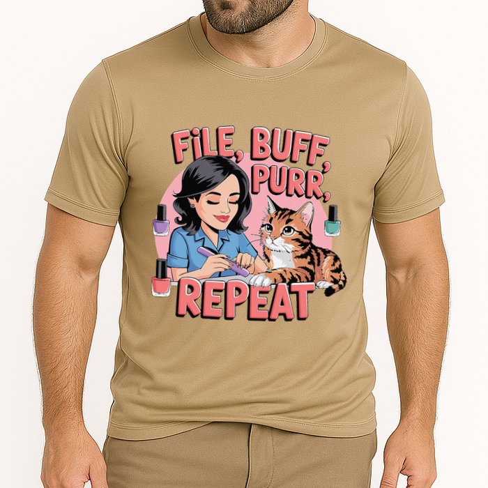 Funny Nail Tech Cat Lover File Buff Purr Repeat Cooling Performance Crew T-Shirt