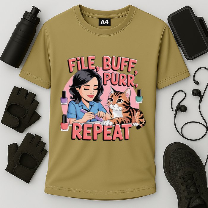 Funny Nail Tech Cat Lover File Buff Purr Repeat Cooling Performance Crew T-Shirt
