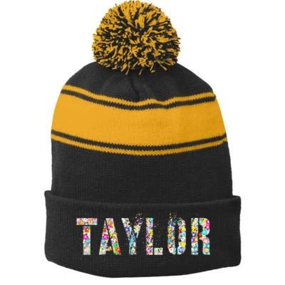 First Name Taylor Girl Personalized Birthday Grunge Stripe Pom Pom Beanie